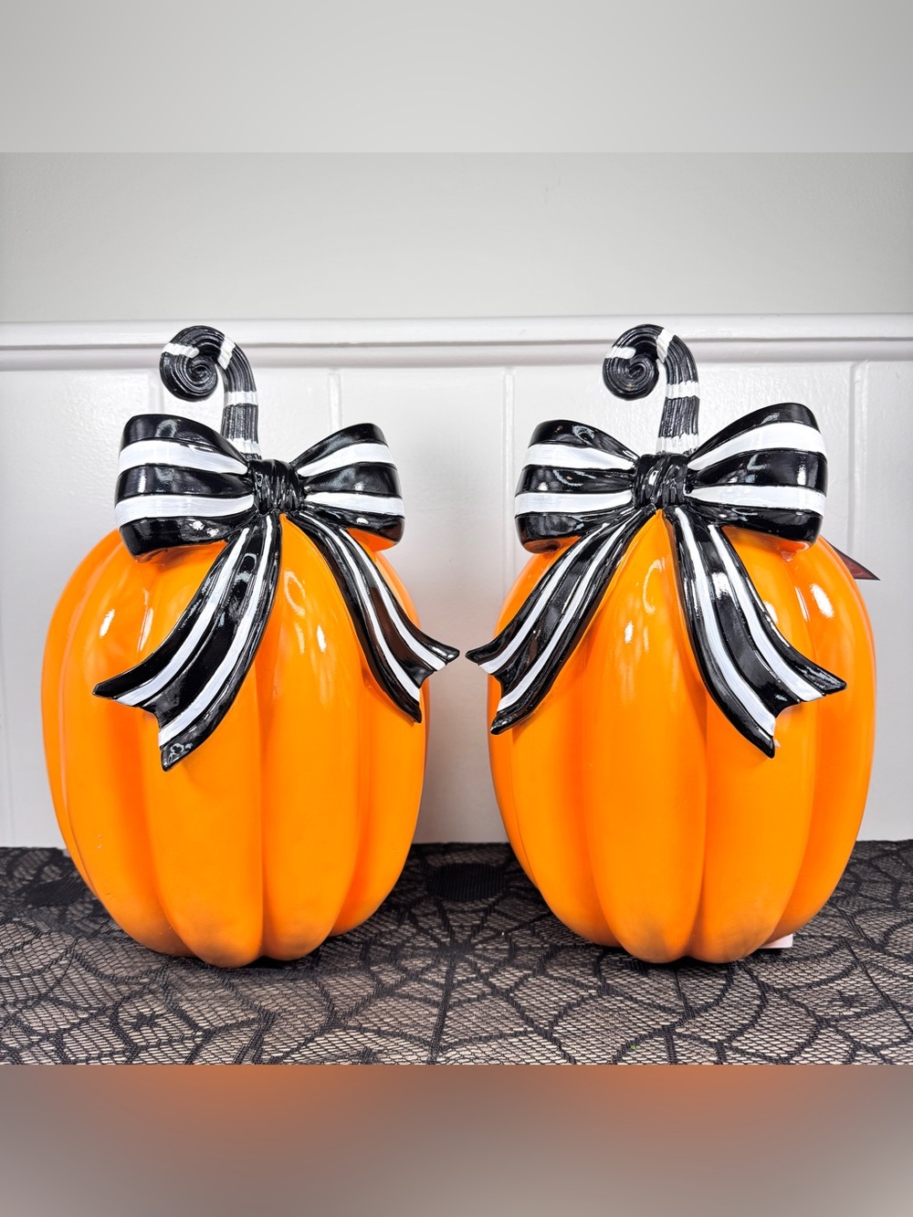 NEW Hallow Home Pumpkin with Striped Bow Halloween Decor